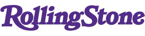 Purple Rolling Stone logo on olive green background