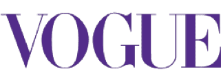 Purple VOGUE lettering on a dark green background